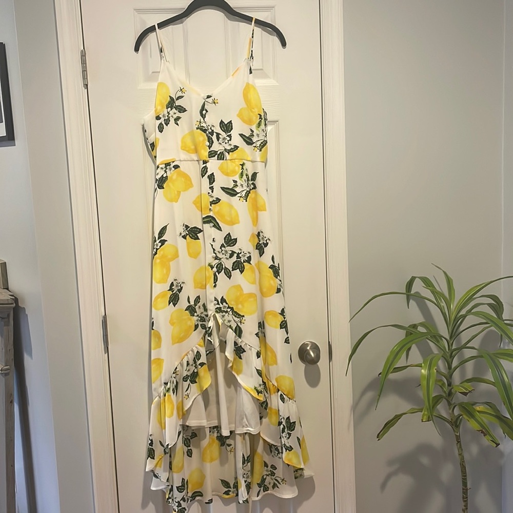 Lulus Afternoon Air Yellow Lemon Print High-Low Midi Dress